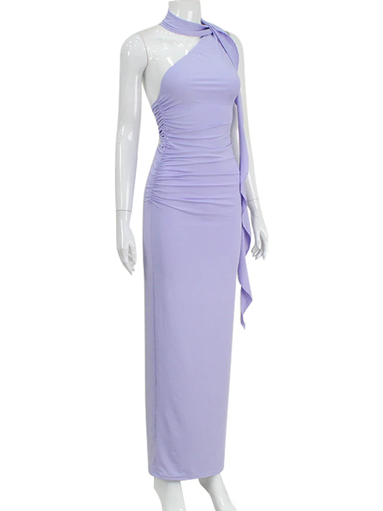 Elegant purple evening maxi with gathered side contours