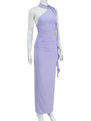 Elegant purple evening maxi with gathered side contours