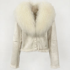 Close view of the plush fur lining framing the collar and inner edge of the jacket