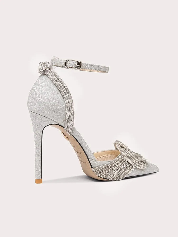 Slip-on embellished party heels in silver with crystal bow