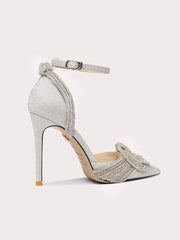 Slip-on embellished party heels in silver with crystal bow