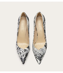 a snake print pump with a pointed toe and a thin heel.