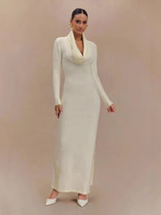 soft knit maxi dress with graceful drape and refined detailing