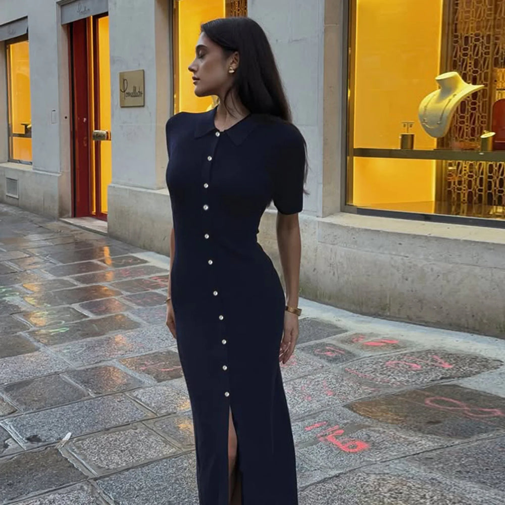 Solid color button-down dress with waist definition