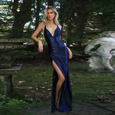 Spaghetti strap blue club maxi dress with dramatic slit