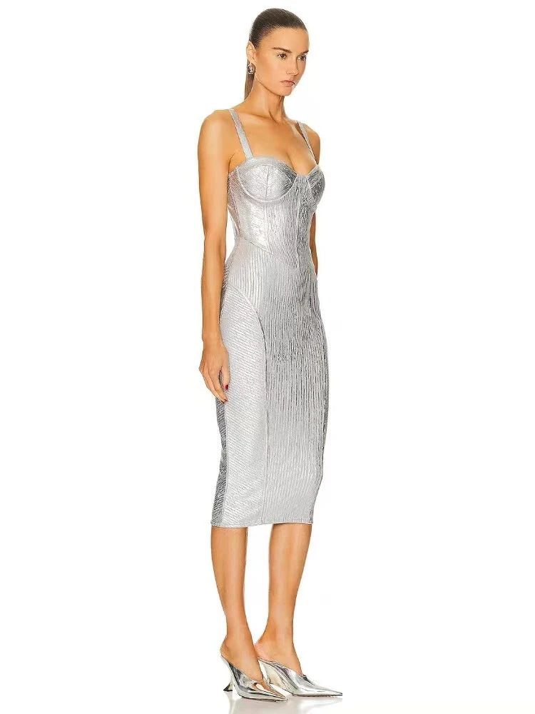 Spaghetti strap bodycon midi gown with reflective fabric