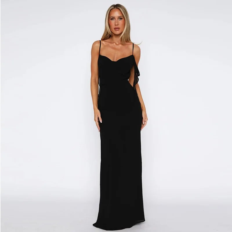 Slim fit spaghetti strap gown perfect for cocktail nights on a white background