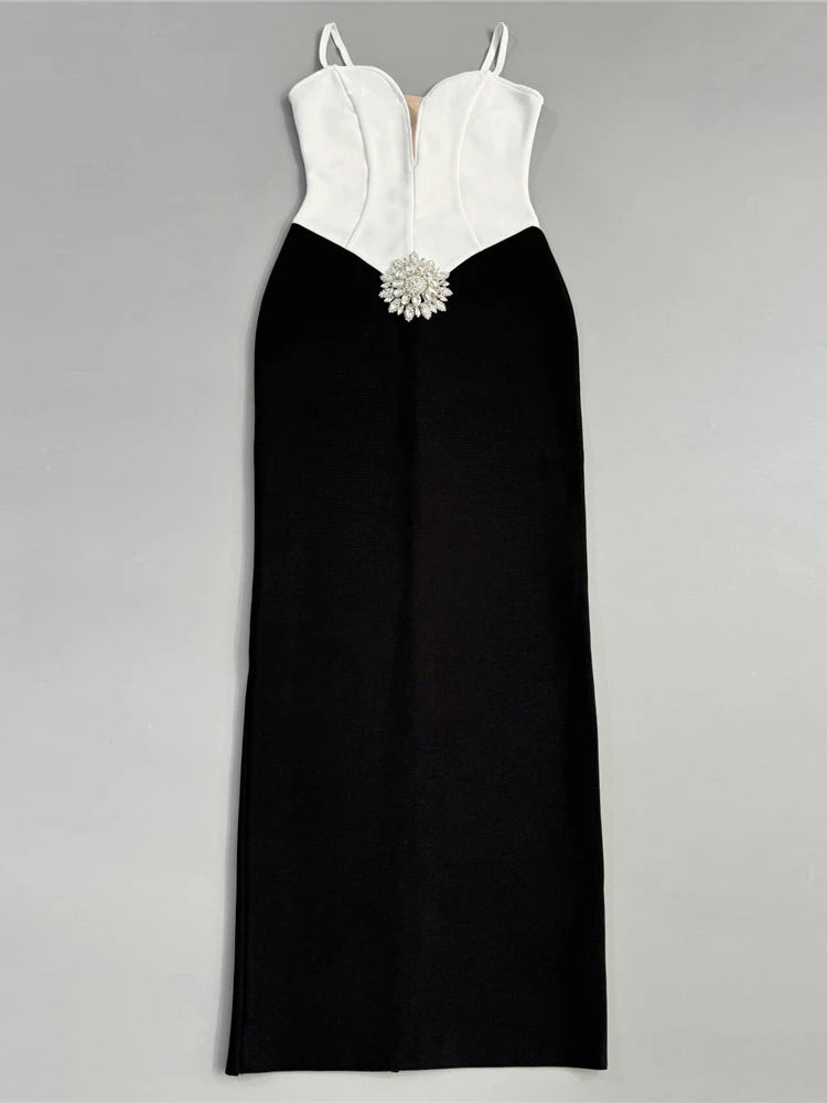 Spaghetti strap evening gown with sleek V-neck design