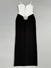 Spaghetti strap evening gown with sleek V-neck design