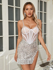 Spaghetti strap sparkly party gown with sleeveless cut