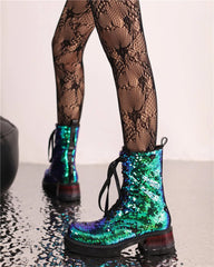Square-toe sequined boots with thick heel