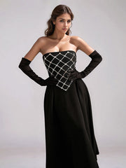 Sparkling ankle-length A-line gown with backless sleeveless design
