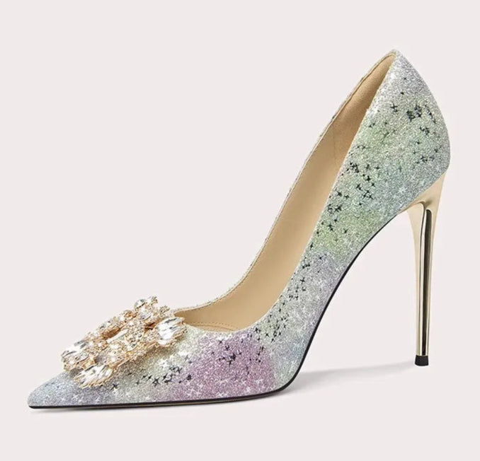 Multicolor sparkling bridal heels with rhinestone accents
