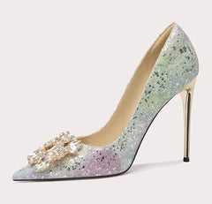 Multicolor sparkling bridal heels with rhinestone accents