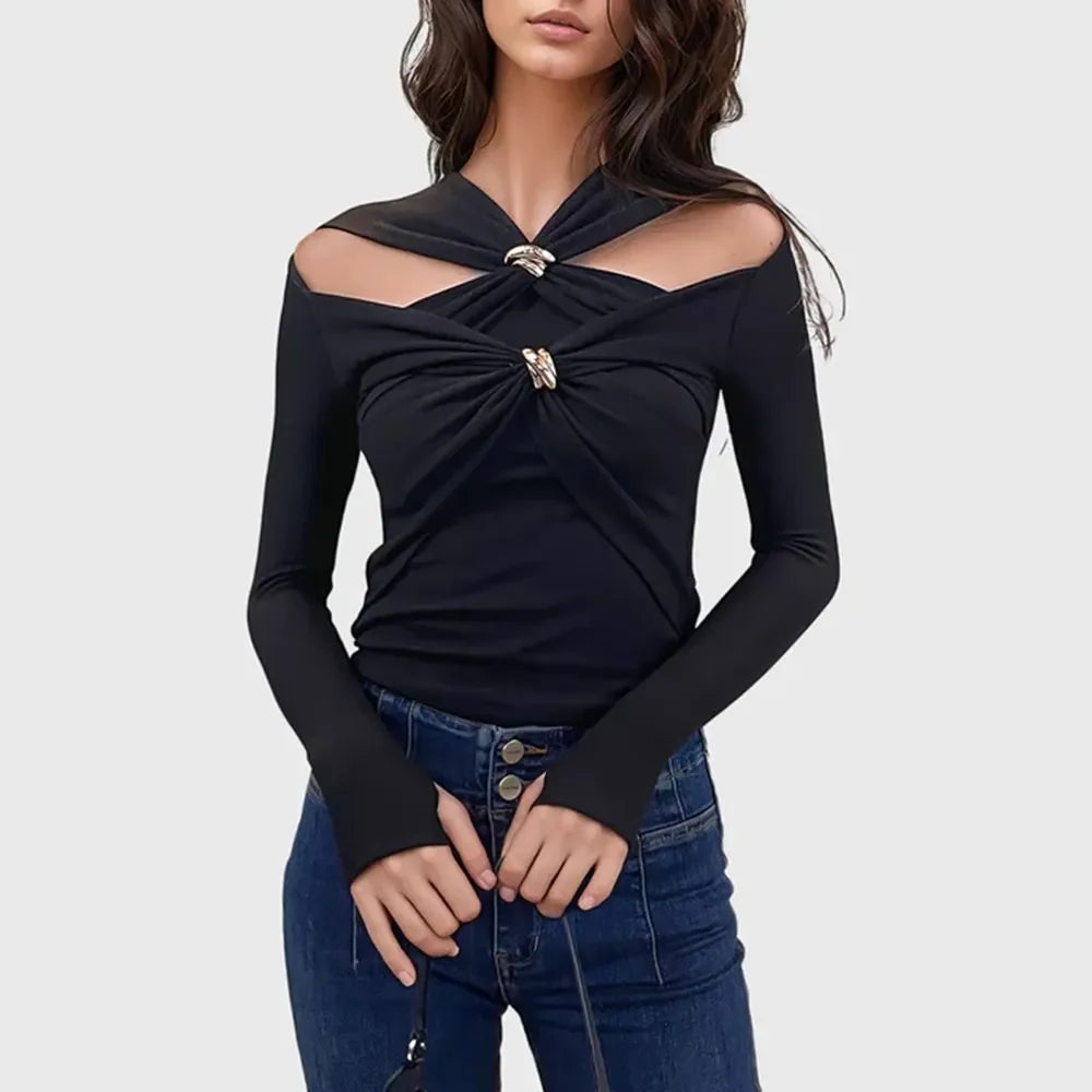 Sparkly evening cutout top with metal detail styled for casual or event wear