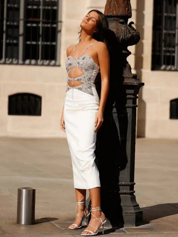 Sparkly formal evening gown with adjustable lace-up halter neck