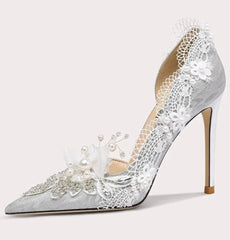 Special occasion silver pumps with floral embellishments for women