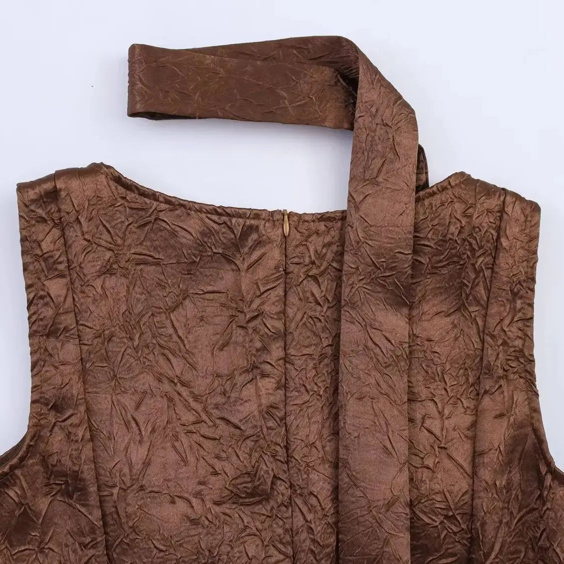 Square neck brown sleeveless midi dress with flowy skirt