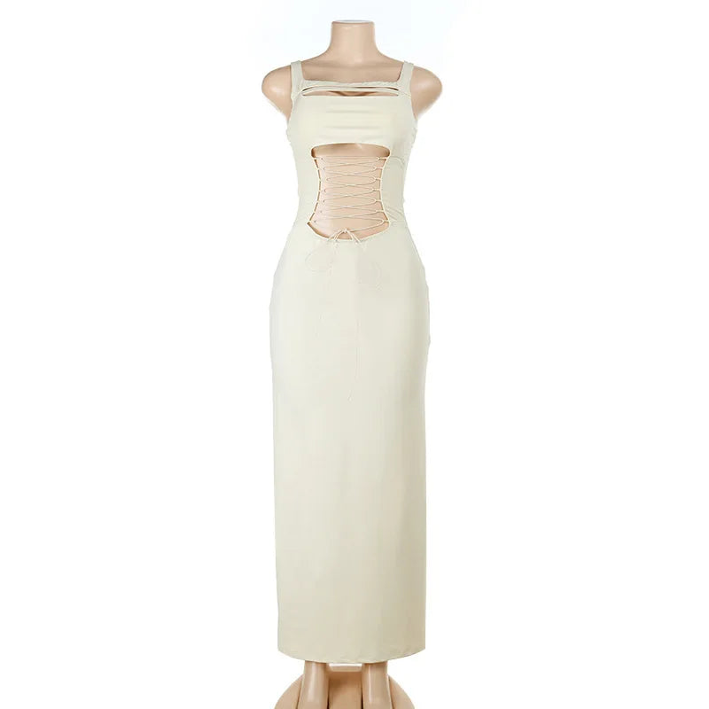 Square neck champagne maxi gown with bold waist detail for events