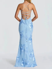 Spaghetti strap floor-length dress with fitted bodice and embroidered detailing