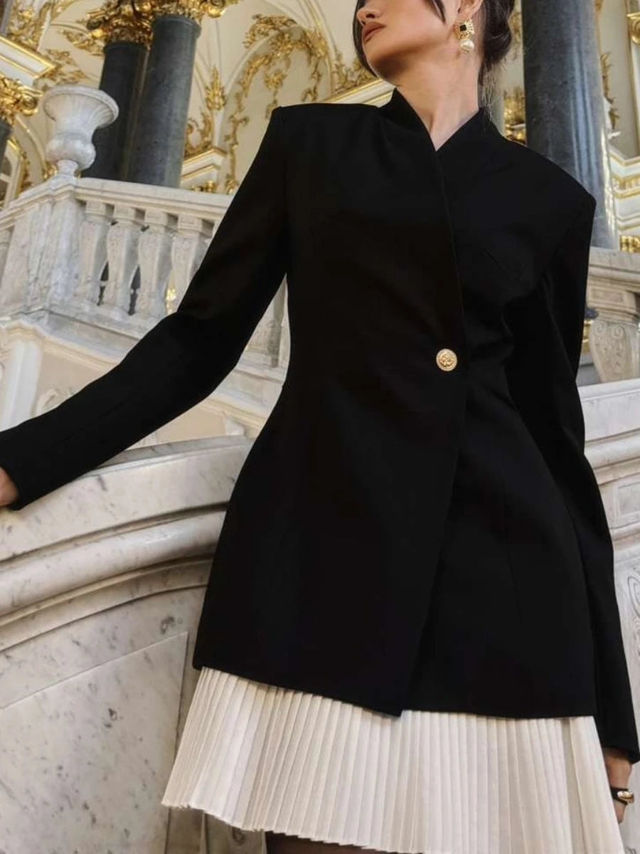 Statement patchwork blazer mini dress for structured city style and evening outings