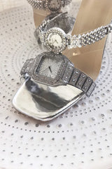 Clear statement party shoes for women with silver and rhinestone design