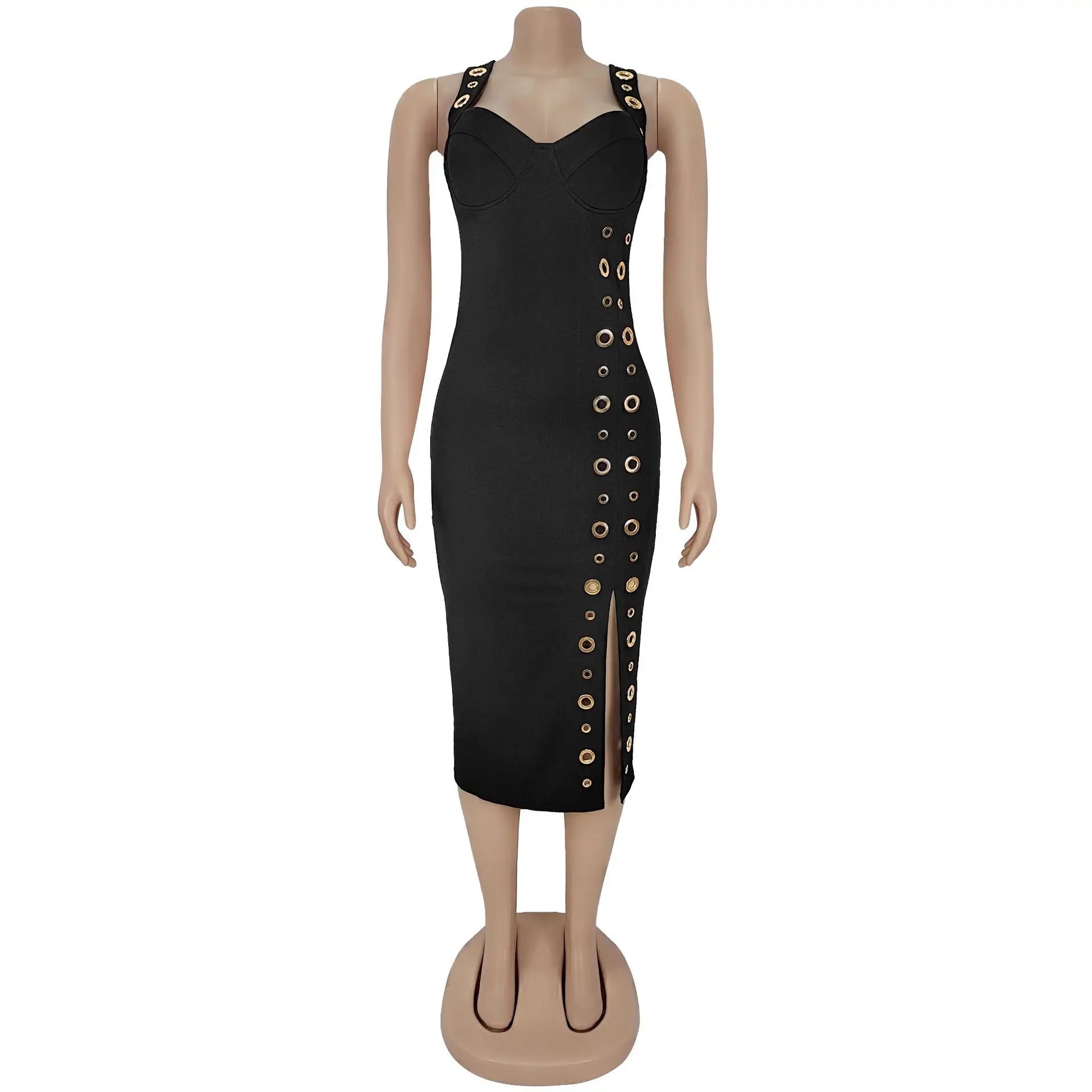 Statement hardware black evening dress paired with metallic accessories