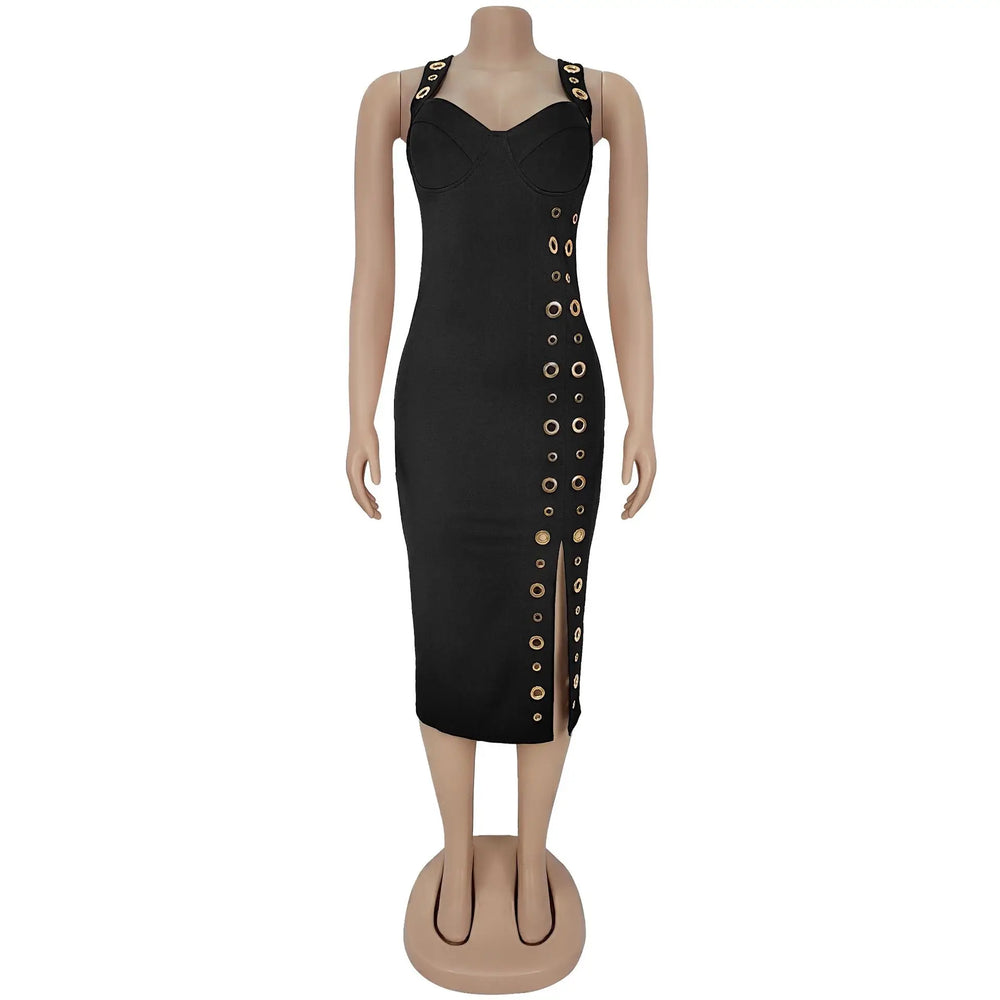 Statement hardware black evening dress paired with metallic accessories