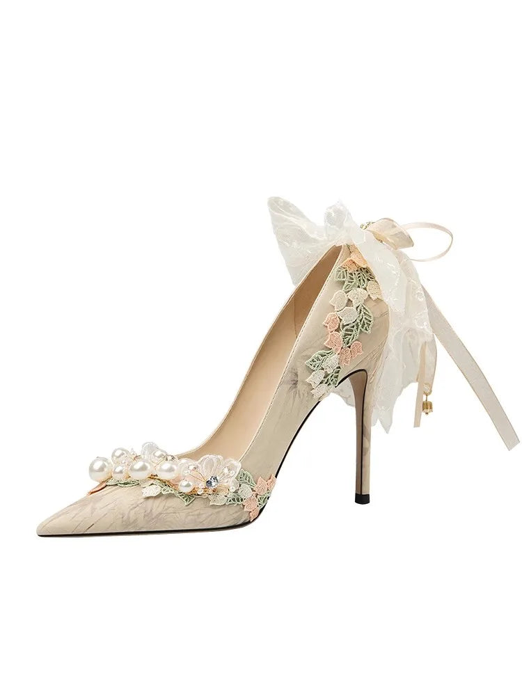 Statement ivory floral bridal pumps for romantic ceremonies