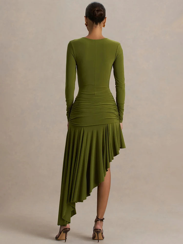 Modern olive a-line dress designed for standout occasions