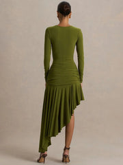 Modern olive a-line dress designed for standout occasions