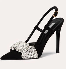 Statement party sandals in black flannel with dramatic embellished ruffle