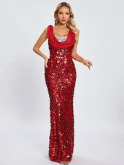 Statement red celebration gown with crystal detail displayed for formal parties