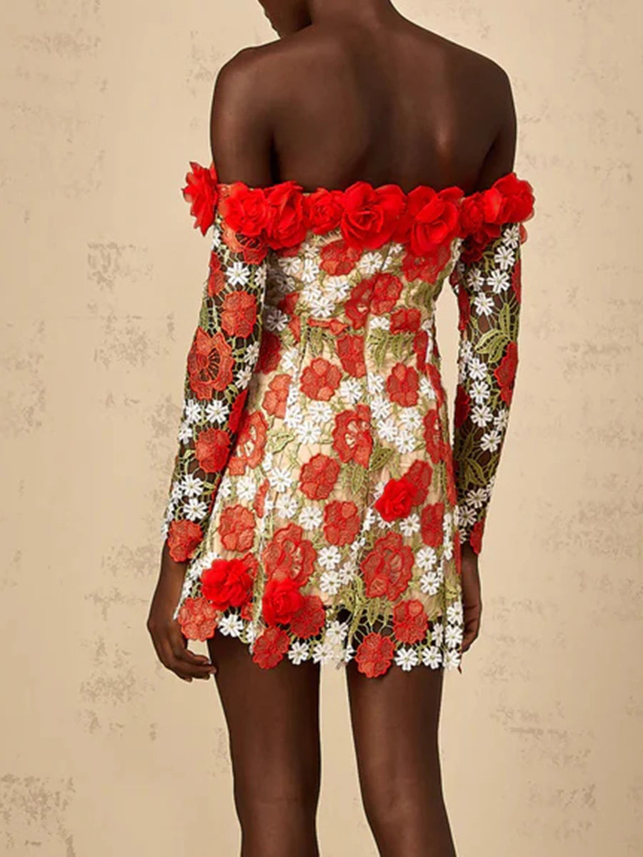 Statement red flower mini dress for wedding guest and party