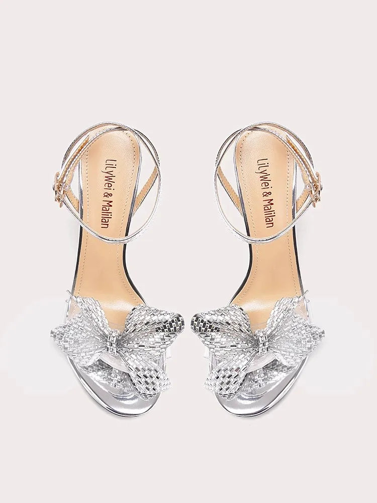 Rhinestone ankle strap silver heels for influencer events and night outs