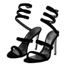 Statement spiral ankle wrap sandals in black with stiletto heel