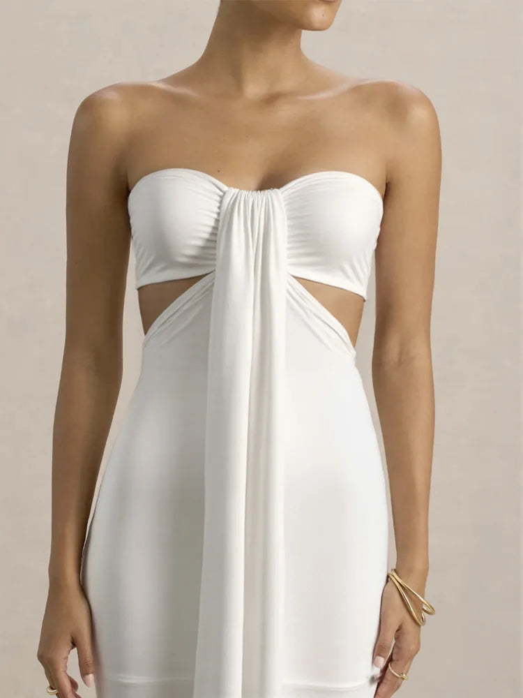 Statement strapless white gala dress with bold cut-out detail