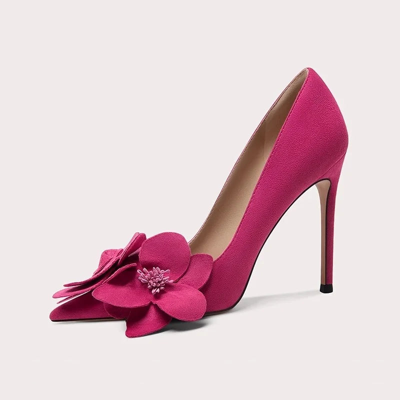 Statement wedding flower heels in vivid pink faux suede