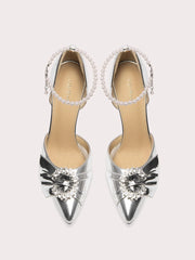Silver wedding guest shoes with beaded ankle strap and pointed toe
