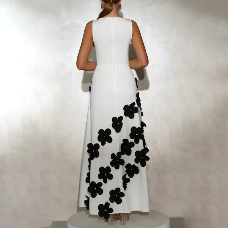 Modern a-line white party dress featuring bold floral embroidery