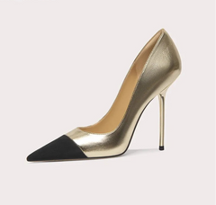 Close-up of leather stitching detail on high heel pumps