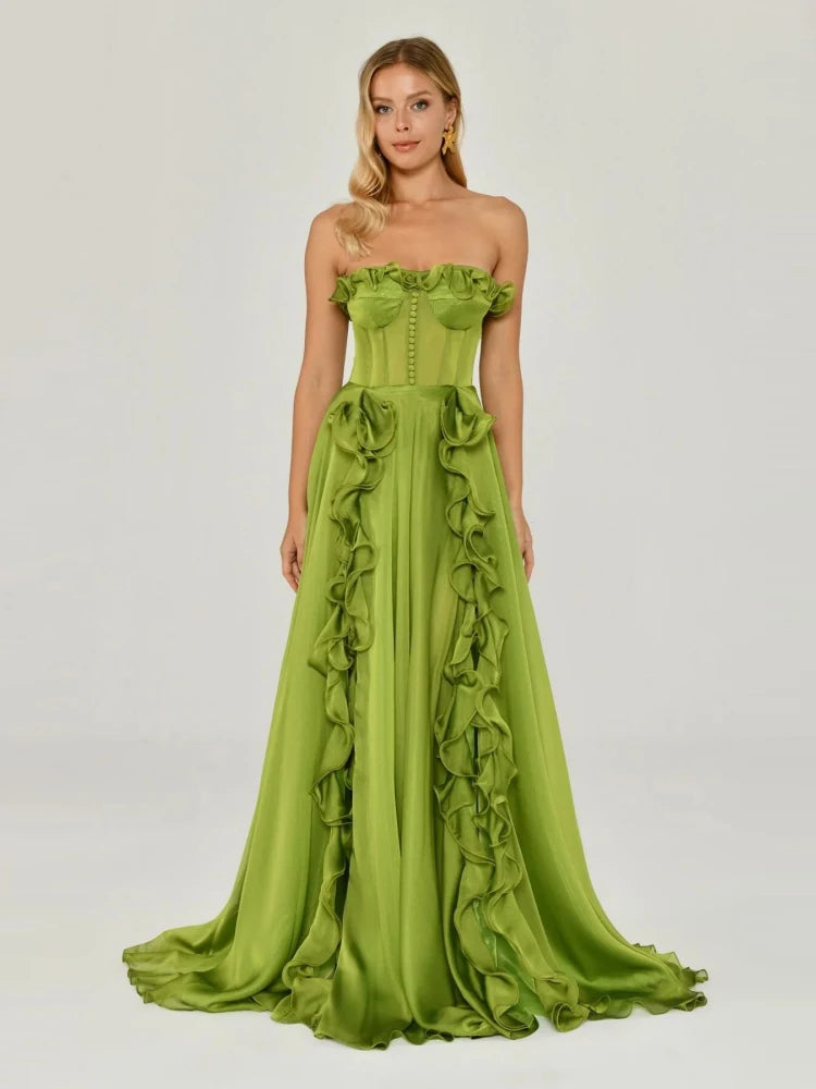 Strapless green ruffle maxi dress for women with lace-up back