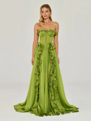 Strapless green ruffle maxi dress for women with lace-up back