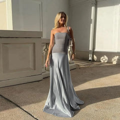 Strapless grey evening gown with flattering A-line silhouette