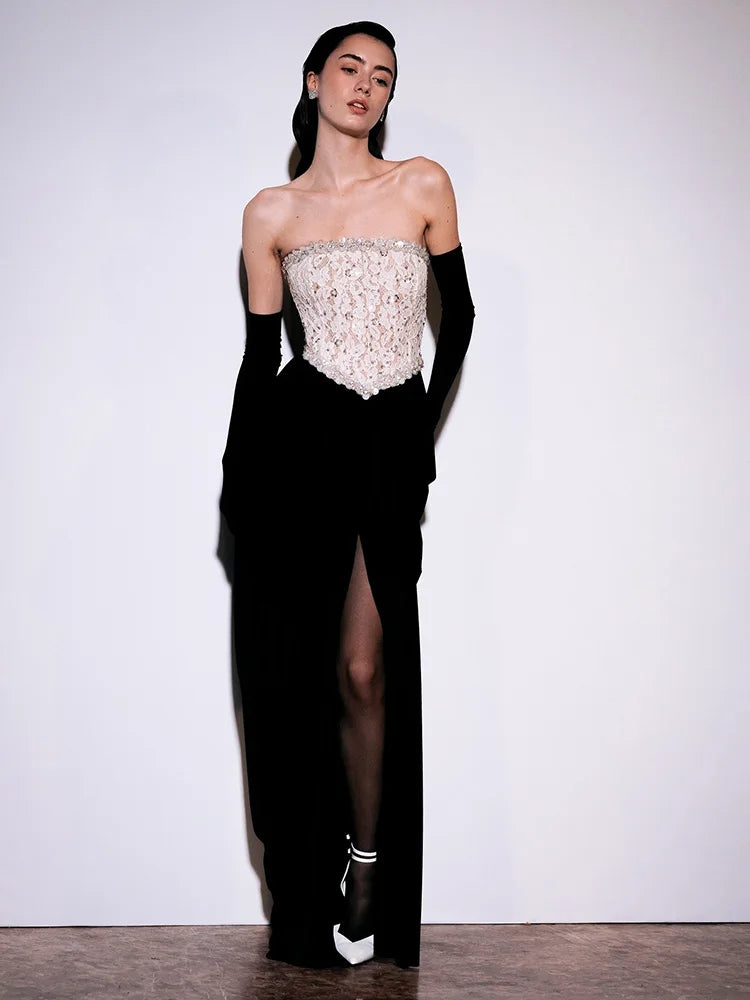 Strapless evening dress with lace corset bodice and ankle-length skirt