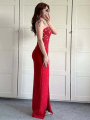 Strapless red gown with sparkling details shown as glam gala outfit