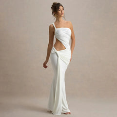 Ruched cut-out gown with bold silhouette and sleek fit