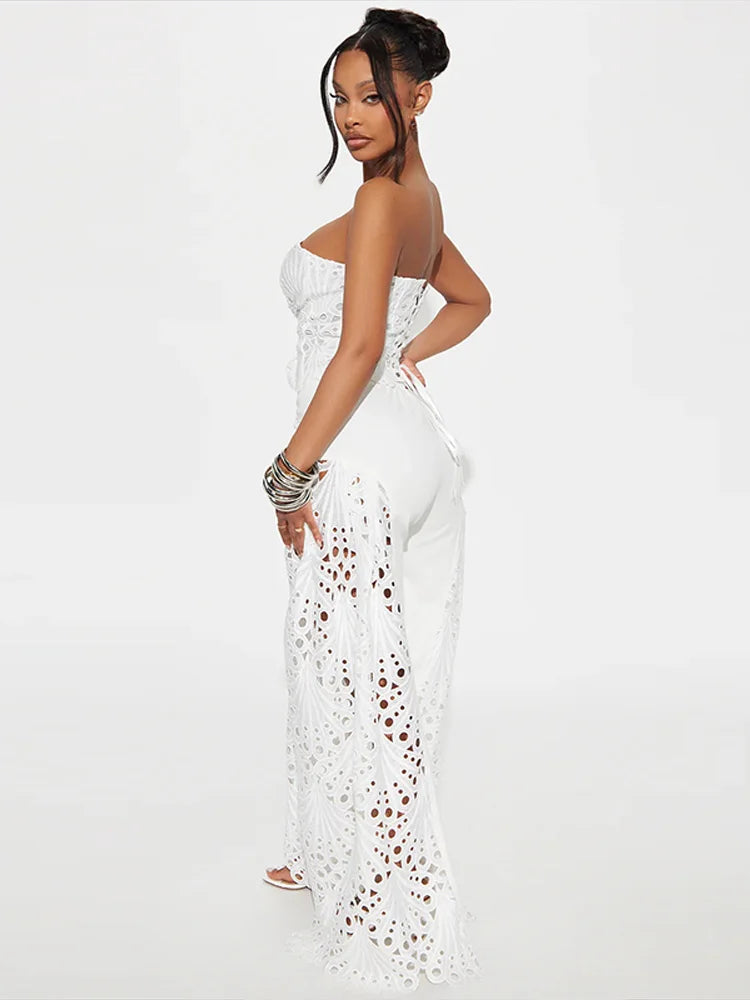 Side view showing high-waist fit and crochet cut-outs on pants