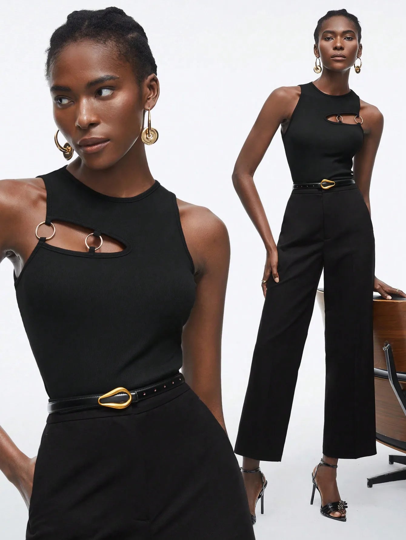 Streetwear black cutout tank top for women styled with minimalist accessories