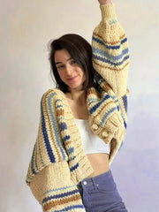 Striped batwing sleeve cardigan in yellow and blue shown as streetwear